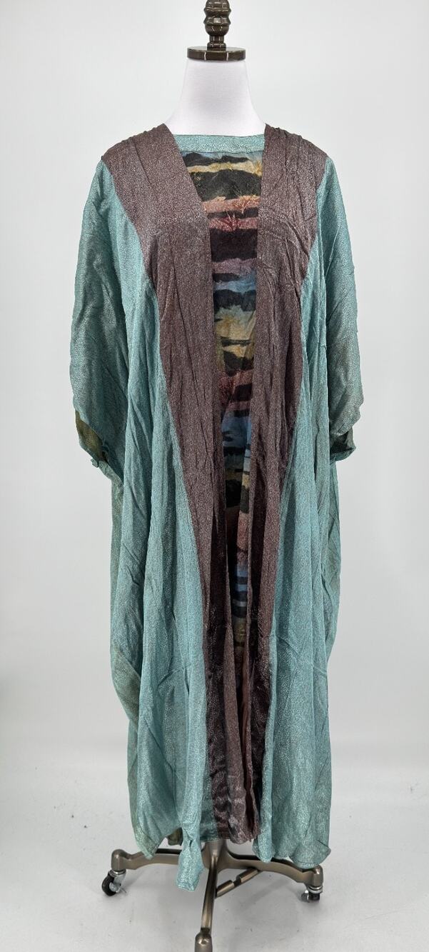 Kusnadi Art to Wear Bohemian Teal Brown Textured Satin Long Duster Dress NEW